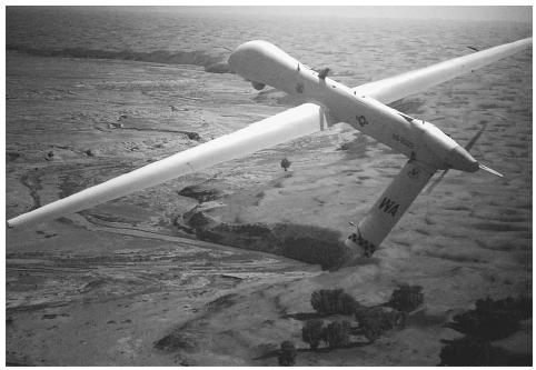 An Air Force RQ-1 Predator pilotless aircraft, capable of launching Hellfire air-to-ground missiles in CIA operations similar to the pin-point missile strike that killed Qaed Salim Sinan al-Harethi, a top al-Qaeda operative, in Yemen on November 4, 2002. AP/WIDE WORLD PHOTOS.