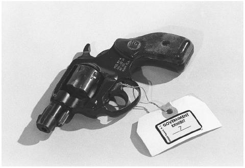 The .22 caliber revolver used by John Hinkley, Jr. in his 1981 assassination attempt against U.S. President Ronald Reagan, displayed at Hinkley's trial in 1982. AP/WIDE WORLD PHOTOS.