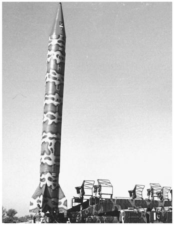 In 1999, Pakistan test fired this Ghauri II ballistic missile, which is capable of carrying a nuclear warhead deep inside the territory of its neighbor and rival, India. AP/WIDE WORLD PHOTOS.