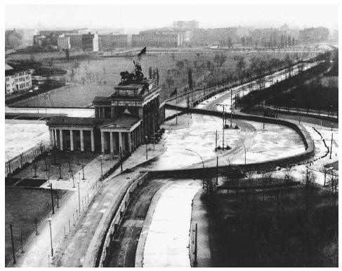 The Brandenburg Gate was sealed off by the Soviets in the Soviet-occuppied sector of East Berlin in 1961. Located at the center of the German capital, the gate stood at the divide between East and West Berlin until the wall was torn down by German authorities and citizens in 1989. AP/WIDE WORLD PHOTOS.