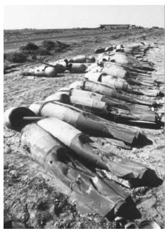 Chemical/biological warfare agent R400 aerial bombs, destroyed by the United Nations weapons inspectors after the 1991 Persian Gulf War, are seen at the Muthanna State Establishment in Iraq in 1998. AP/WIDE WORLD PHOTOS.