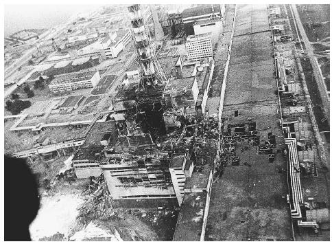 An aerial view of the Chernobyl nuclear power plant is shown in this 1986 photo made a few days after the explosion in Chernobyl, Ukraine. AP/WIDE WORLD PHOTOS.