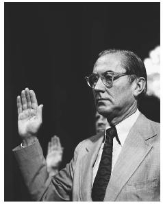 Former CIA Director William Colby is sworn in to testify before the 1975 Senator Church Committee looking into activities by the intelligence community. ©WALLY MCNAMEE/CORBIS.