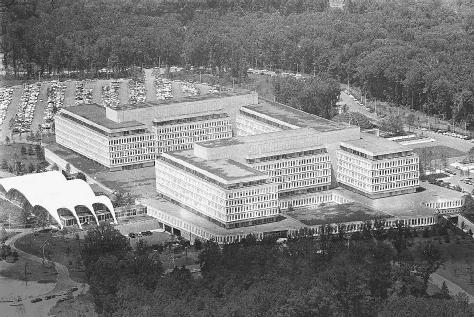 An aerial view of the Central Intelligence Agency (CIA) headquarters in Langley, Virginia, about eight miles from downtown Washington, D.C. AP/WIDE WORLD PHOTOS.