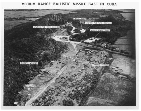 A low-level photograph taken November 1, 1962, of a medium range ballistic missile site at Sagua La Grande, Cuba, showing launch erectors removed and the launchpads bulldozed over. AP/WIDE WORLD PHOTOS.