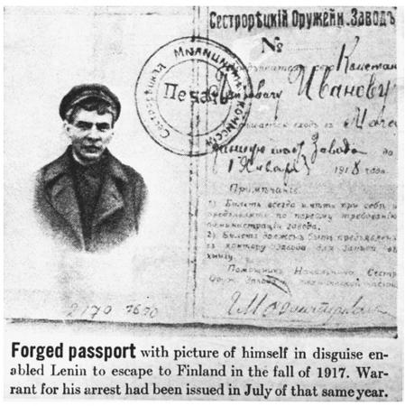 This false passport and disguise enabled Lenin to escape into Finland after an order for his arrest was issued by the Russian Provisional Government in July 1917. ©HULTON-DEUTSCH COLLECTION/CORBIS.