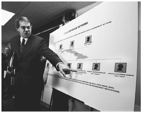 United States attorney general for the southern district of Florida Thomas Scott shows a diagram illustrating a Cuban espionage network operating illegally in the U.S. as foreign agents of the Cuban government in 1998. AP/WIDE WORLD PHOTOS.