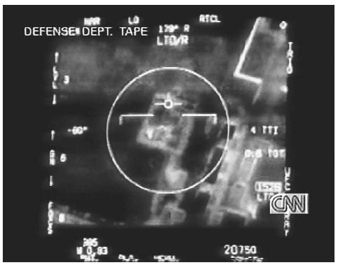 CNN broadcasted this 1998 Defense Department video of an Iraqi radio relay facility moments before its destruction by a 1600-pound laser-guided bomb during airstrikes by U.S. and British forces. AP/WIDE WORLD PHOTOS.