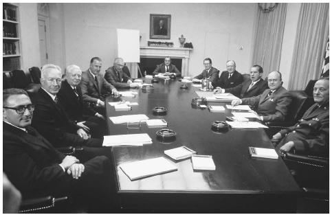 President Richard M. Nixon (right-center) meets with members of the Security Council on Janurary 21, 1969, his first full day as President of the United States. ©BETTMANN/CORBIS.