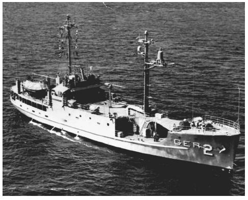 The USS Pueblo, shown underway at sea, was captured in 1968 by North Korean patrol boats with 83 men aboard, who smashed intelligence-gathering equipment and burned sensitive documents just moments before the vessel was boarded by North Koreans. AP/WIDE WORLD PHOTOS.