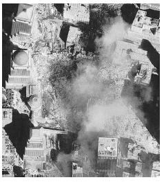 Satellite views of lower Manhattan after the September 11, 2001, terrorist attacks. SPACE IMAGING.