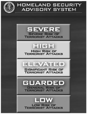 The five-level, color-coded terrorism warning system, enacted in 2002, is a response to public comments that broad terror alerts issued by the government raised alarm without providing useful guidance. AP/WIDE WORLD PHOTOS.
